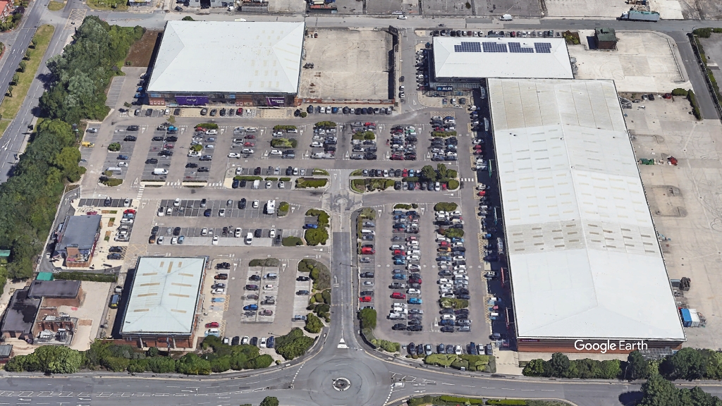 Blackpool Retail Park, Columbia Threadneedle, c Google Earth snapshot