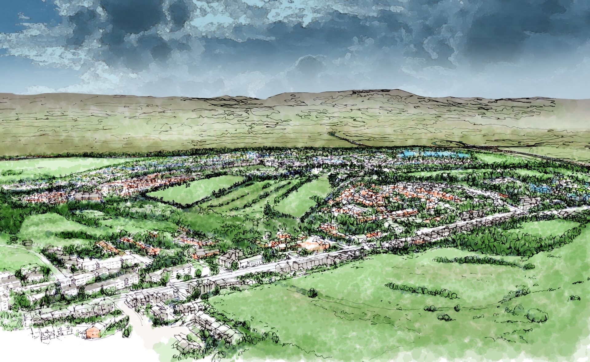 Huncoat Garden Village illustration, Hyndburn Council, Homes England, and Lancashire County Council, p Hyndburn Council, licensed under the Open Government Licence v.