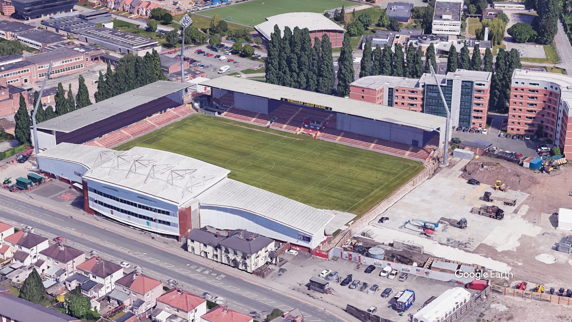 Wrexham FC temp stand, Wrexham FC, p via Google Earth